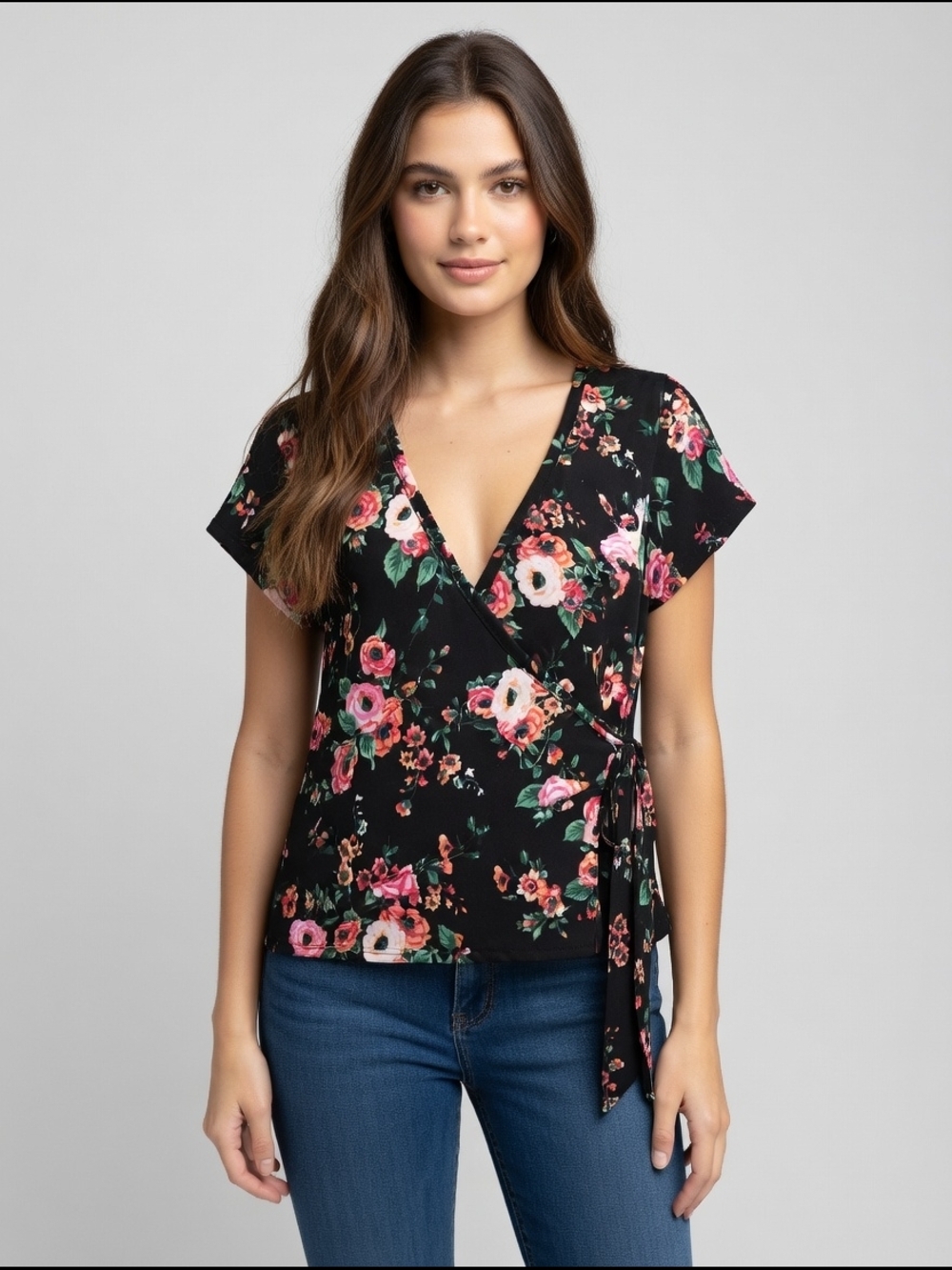 Floral Wrap Short-Sleeve Top - Black with Pink Floral